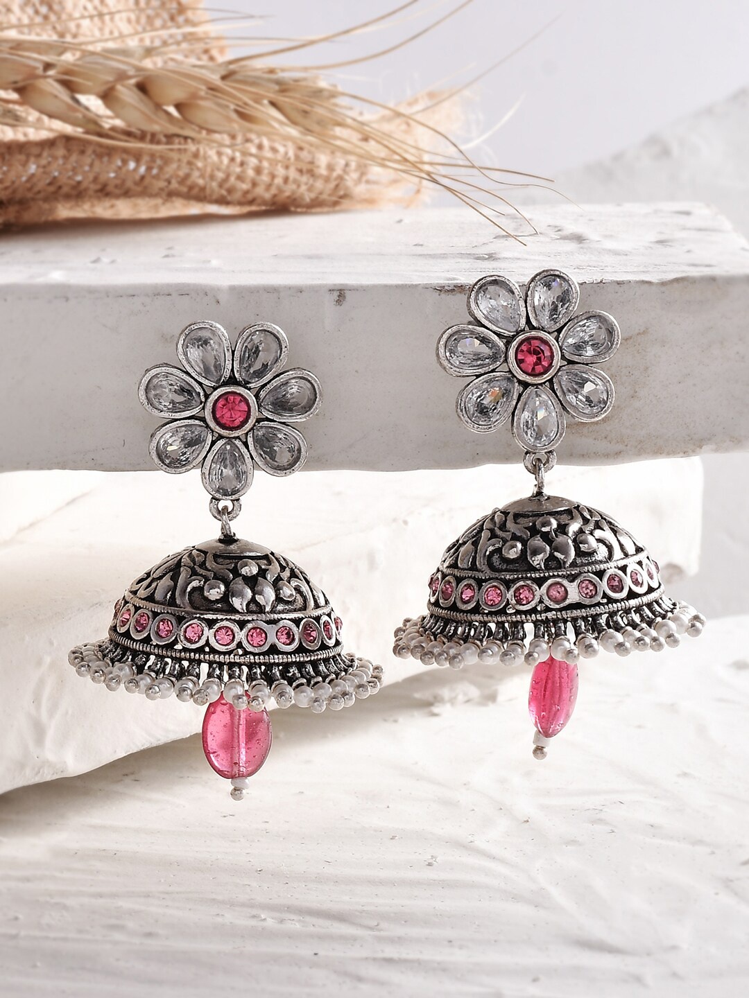 

Voylla Silver-Toned Contemporary Jhumkas Earrings