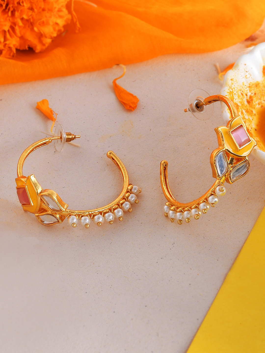 

Voylla Gold-Pleated Stones and Pearls Half Hoop Earrings