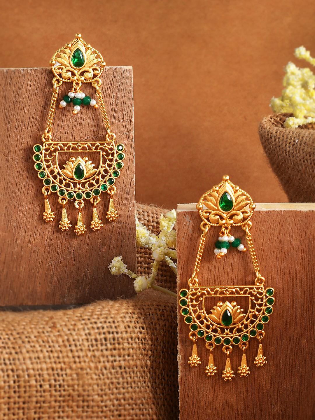 

Voylla Gold-Pleated Stones and Pearls Drop Earrings