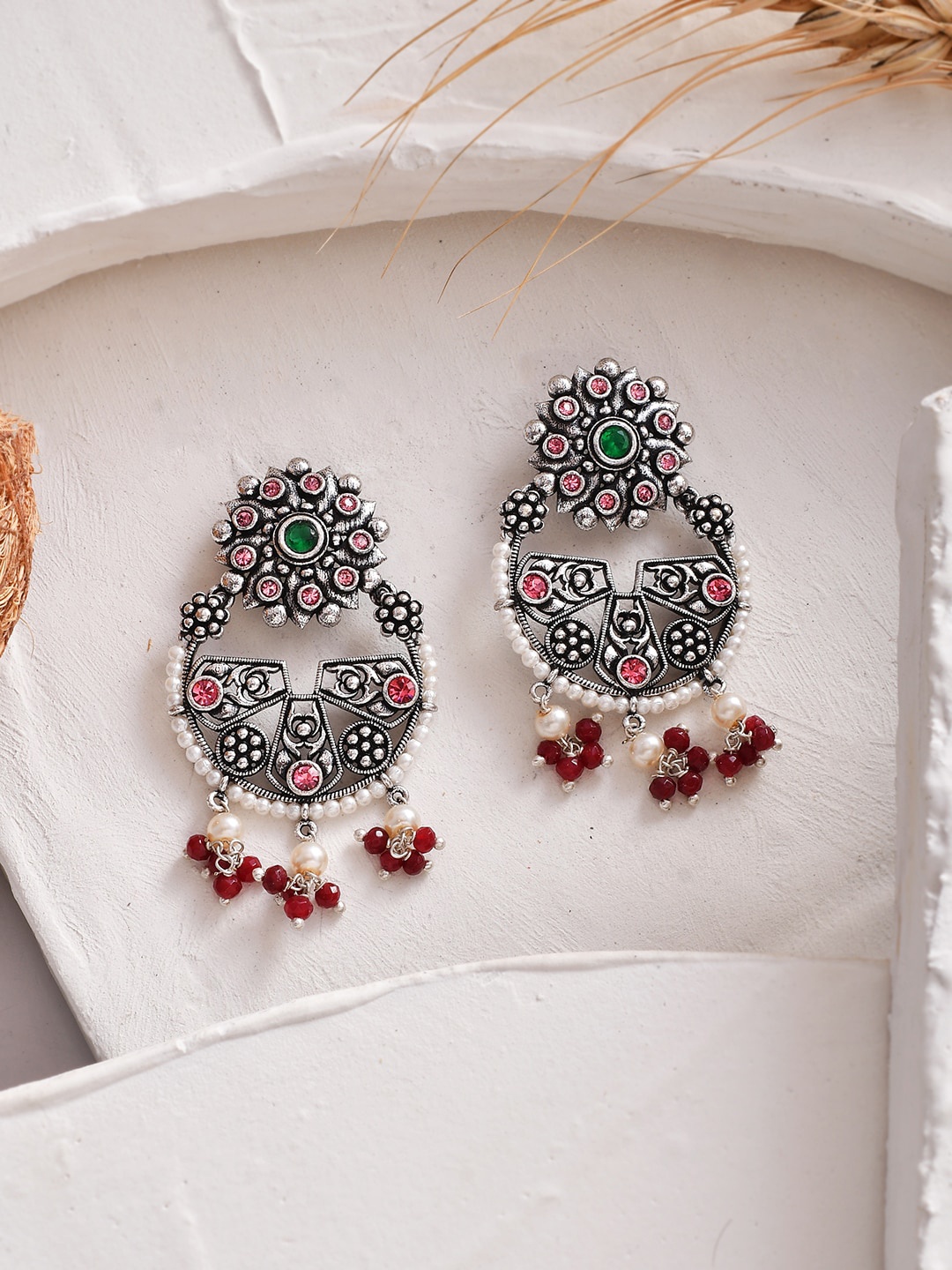

Voylla Silver-Pleated Stones and Pearls Floral Drop Earrings