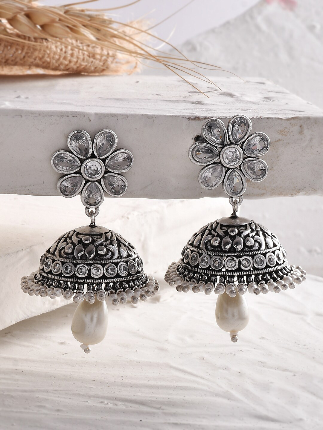 

Voylla Silver-Pleated Pearls Floral Jhumka Earrings