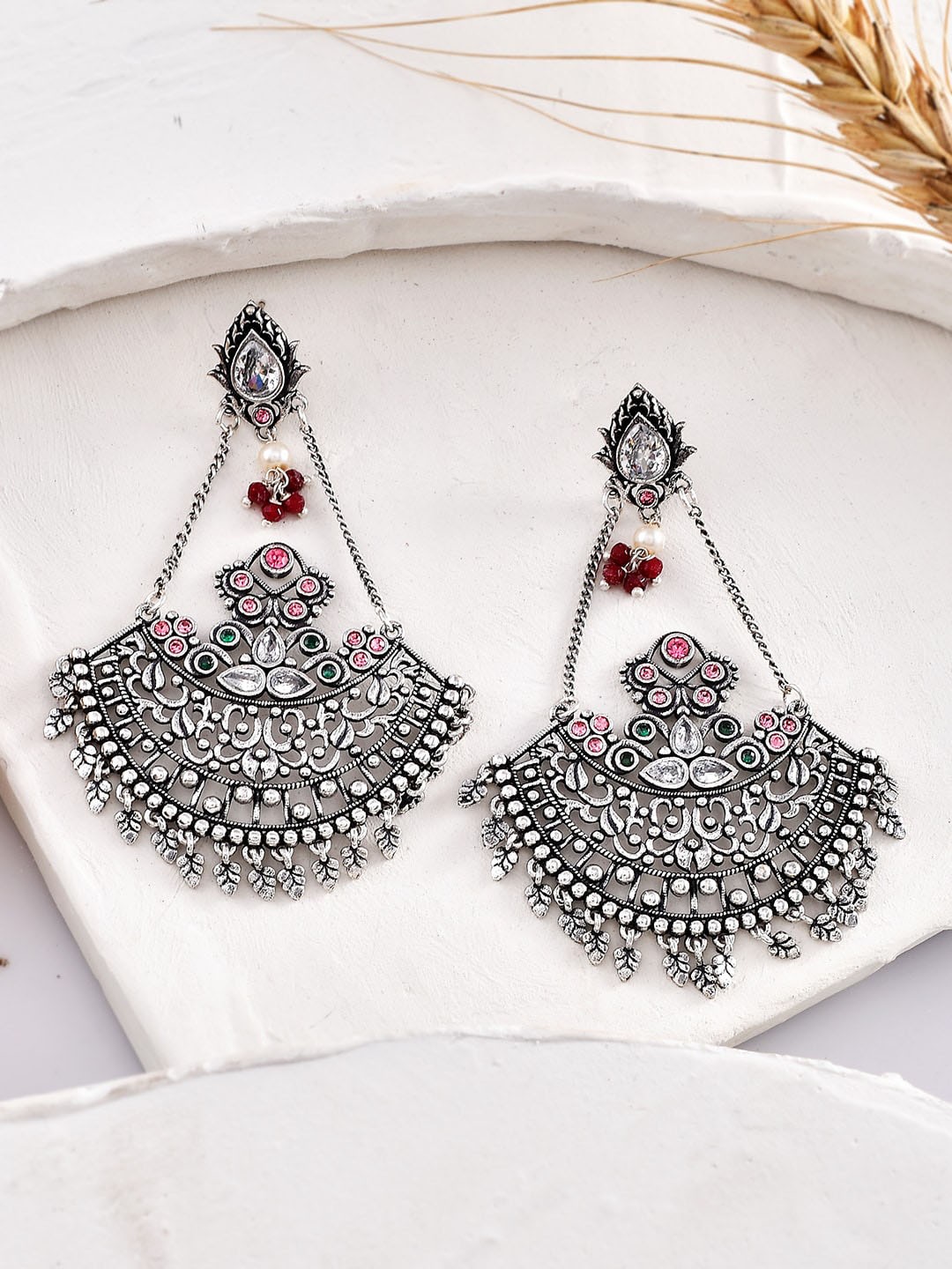 

Voylla Silver-Toned Oxidised Contemporary Drop Earrings