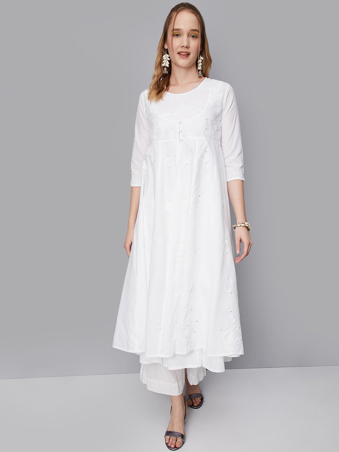 

max Floral Embroidered Layered A-Line Kurta, White