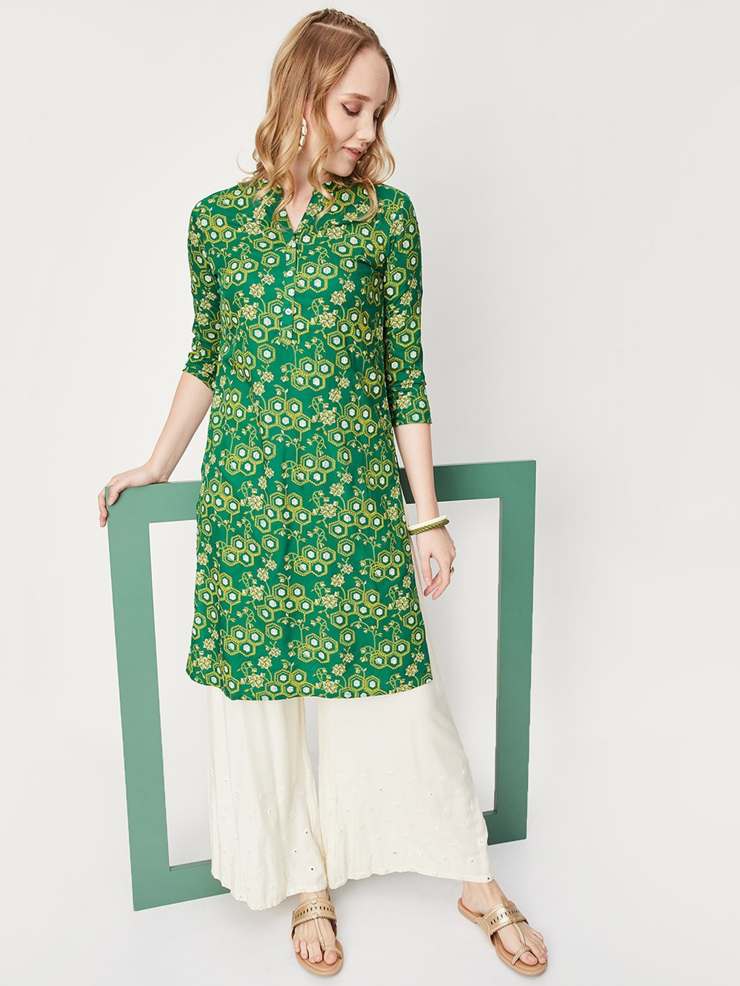 

max Floral Printed Mandarin Collar Straight Kurta, Green