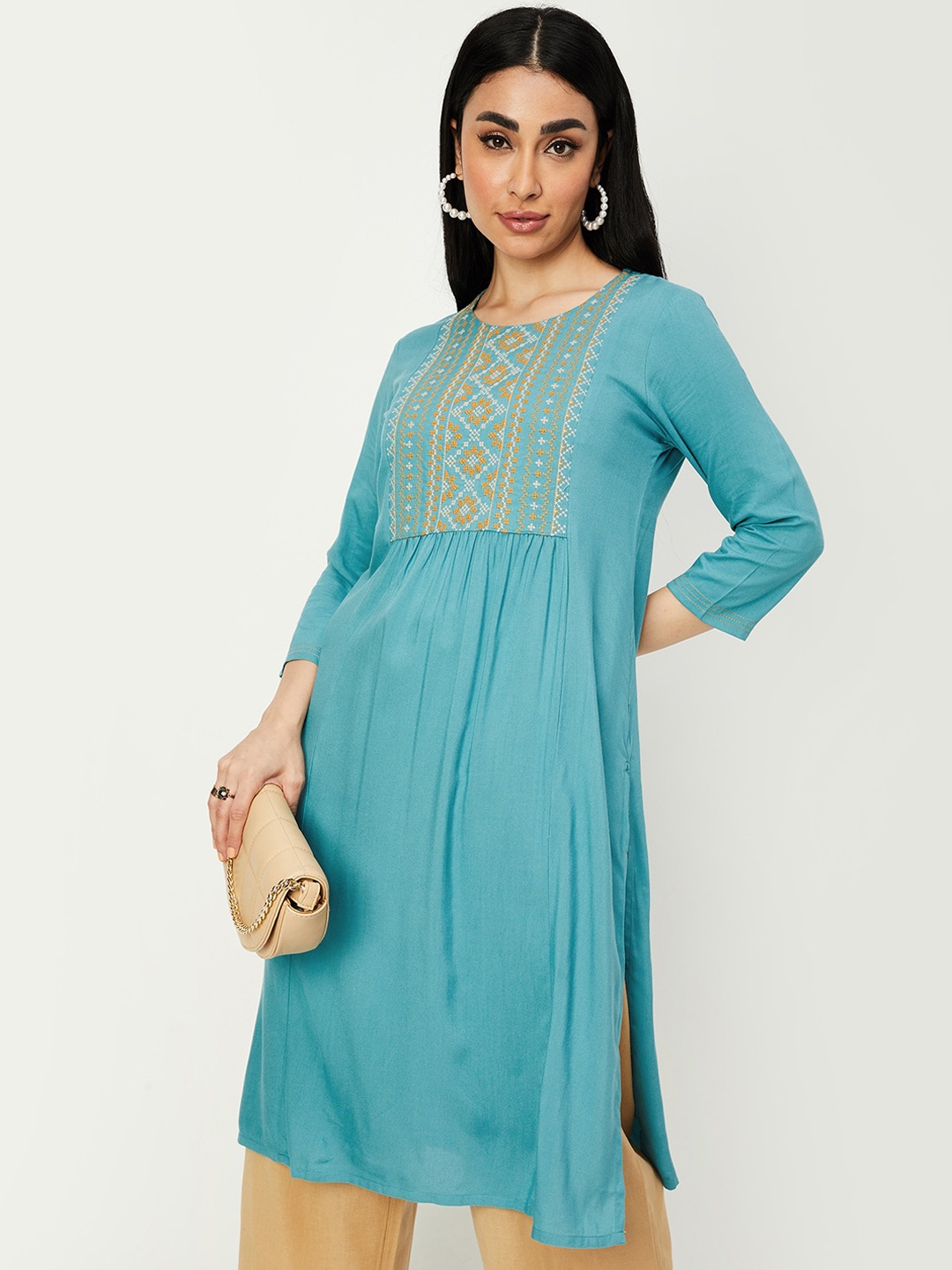 

max Ethnic Motifs Embroidered Yoke Design A-Line Kurta, Blue