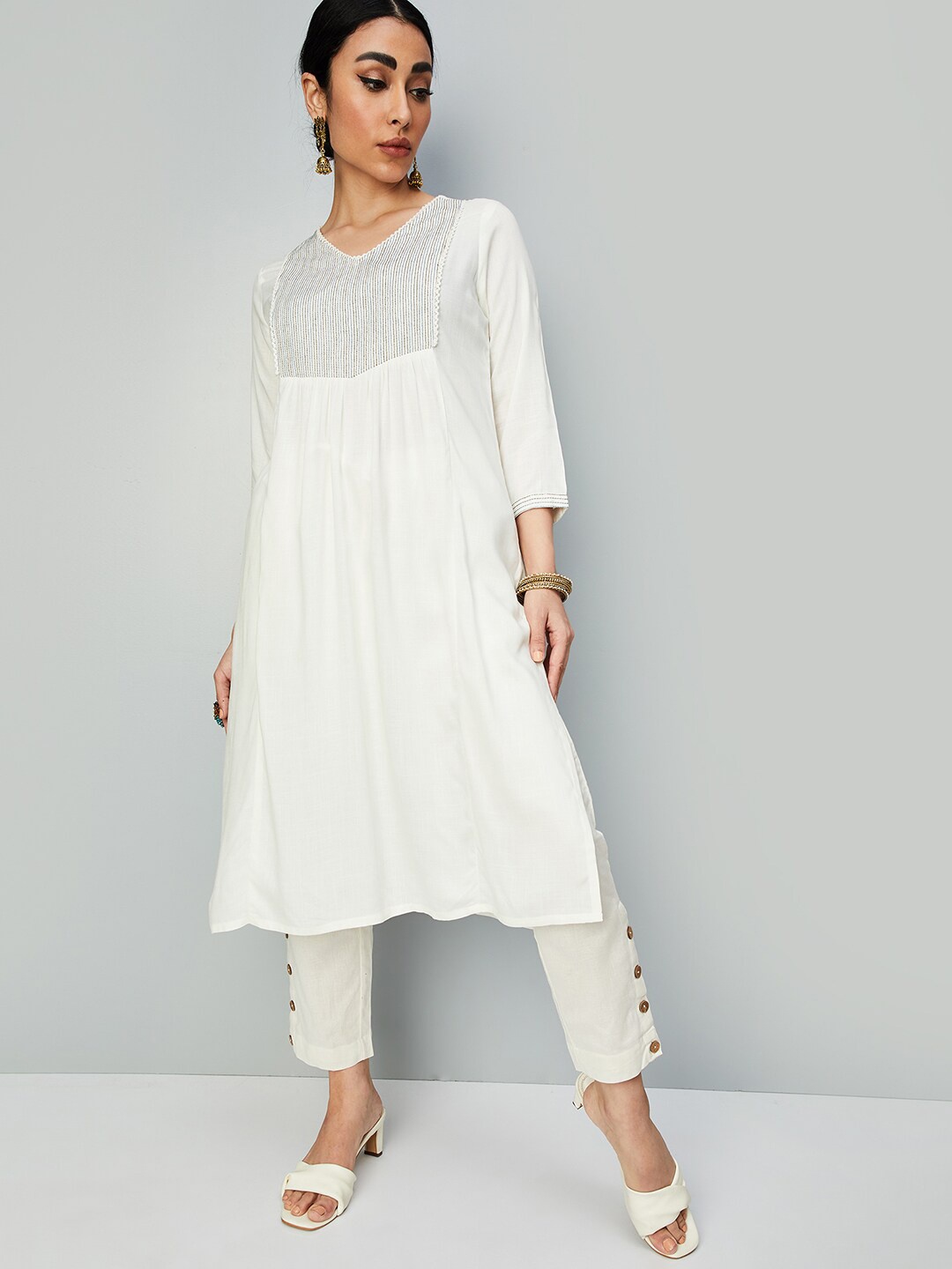 

max Striped Embroidered Yoke Design A-Line Kurta, White