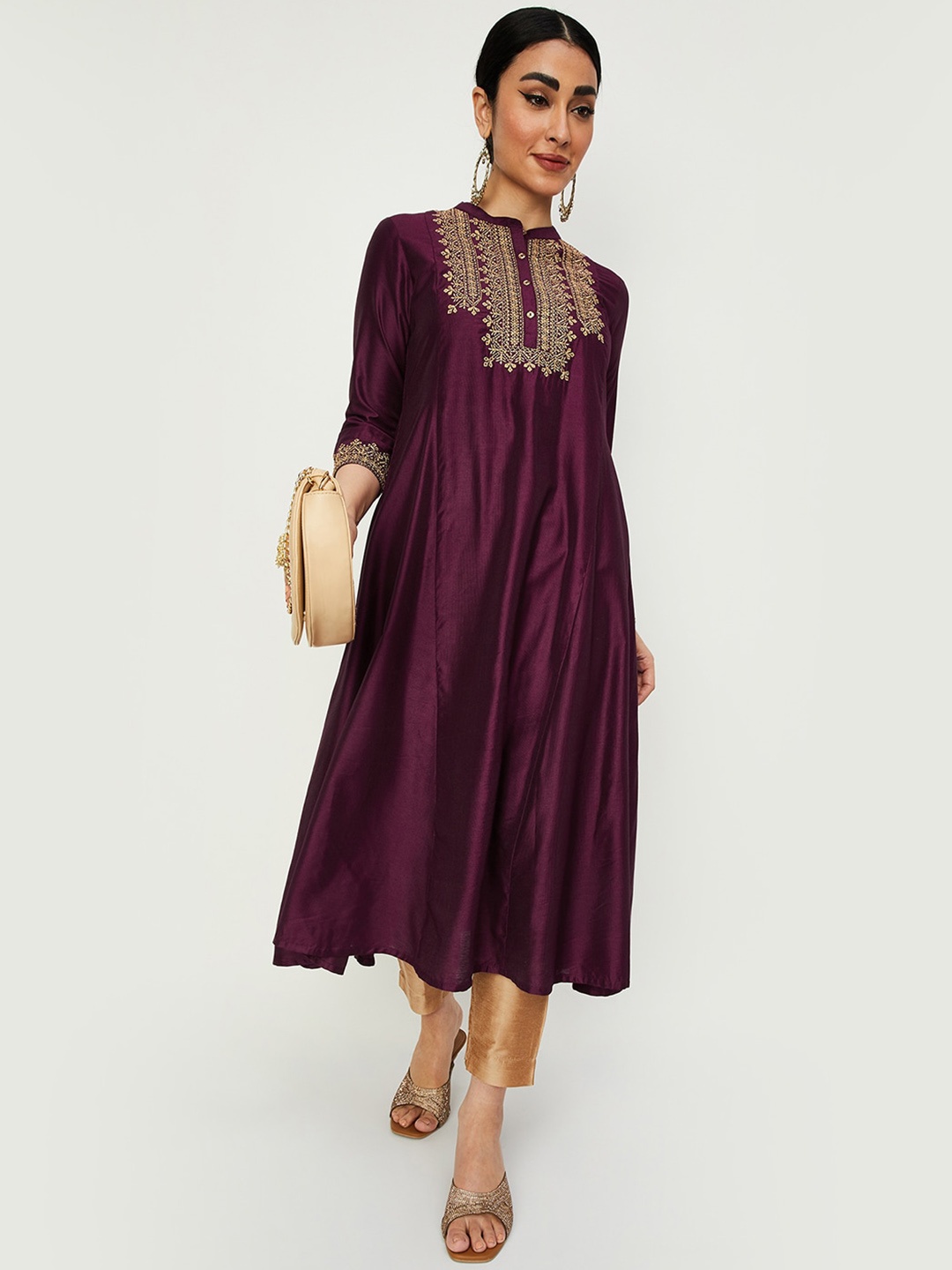 

max Ethnic Motifs Yoke Design Chanderi Cotton A-Line Kurta, Purple