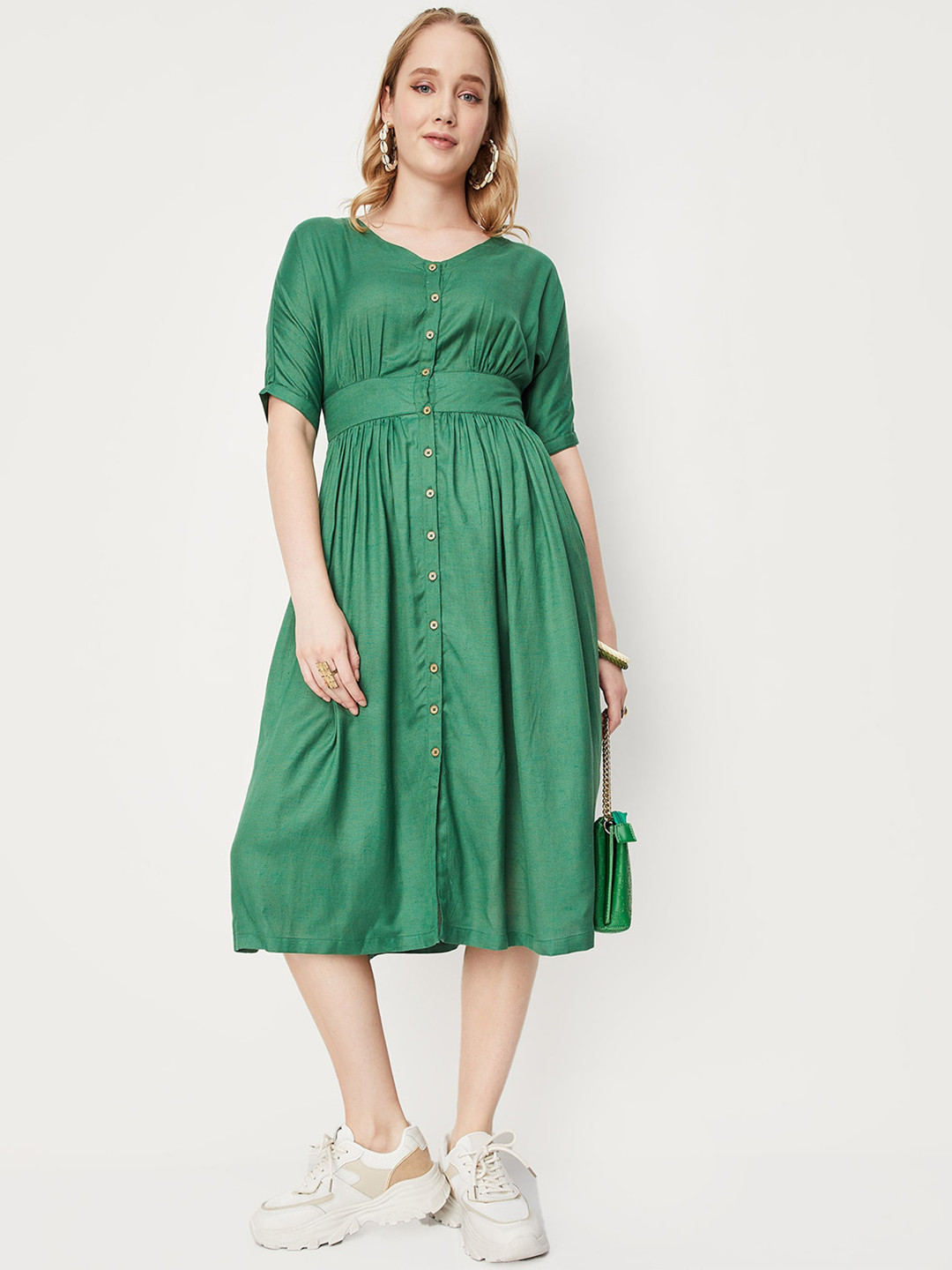 

max Gathered Extended Sleeve A-Line Midi Dress, Green
