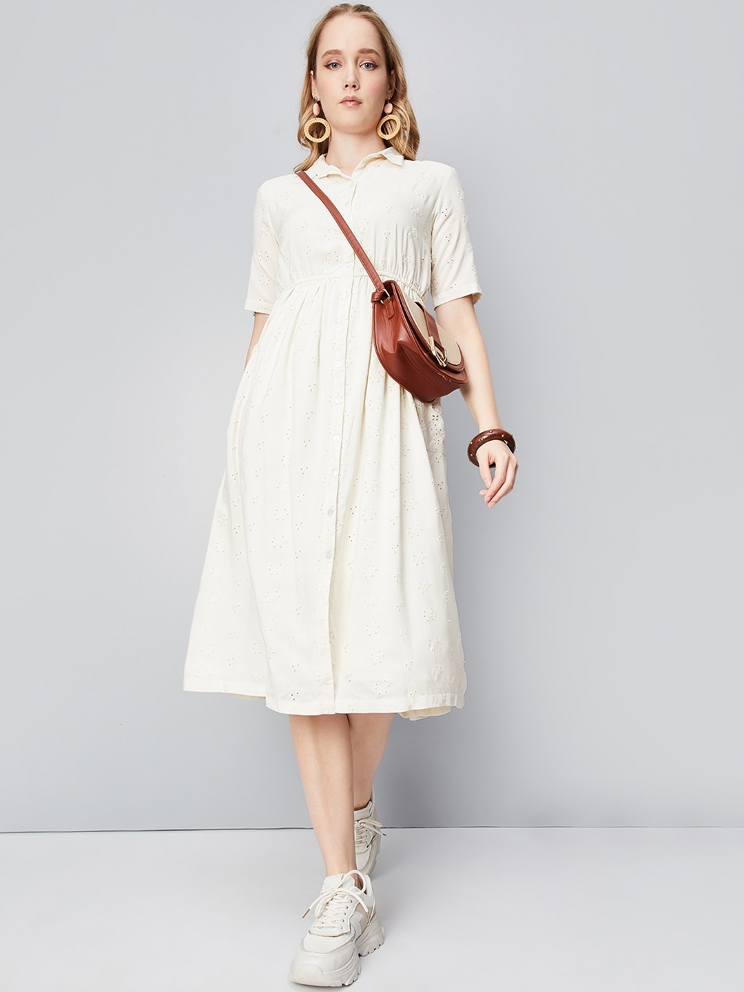 

max Schiffli Shirt Style Midi Dress, Cream