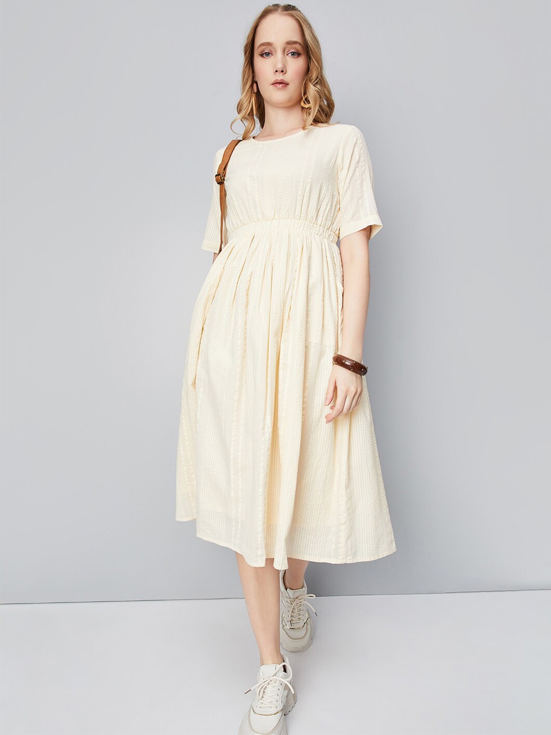 

max Self Designed Fit & Flare Dress, Beige