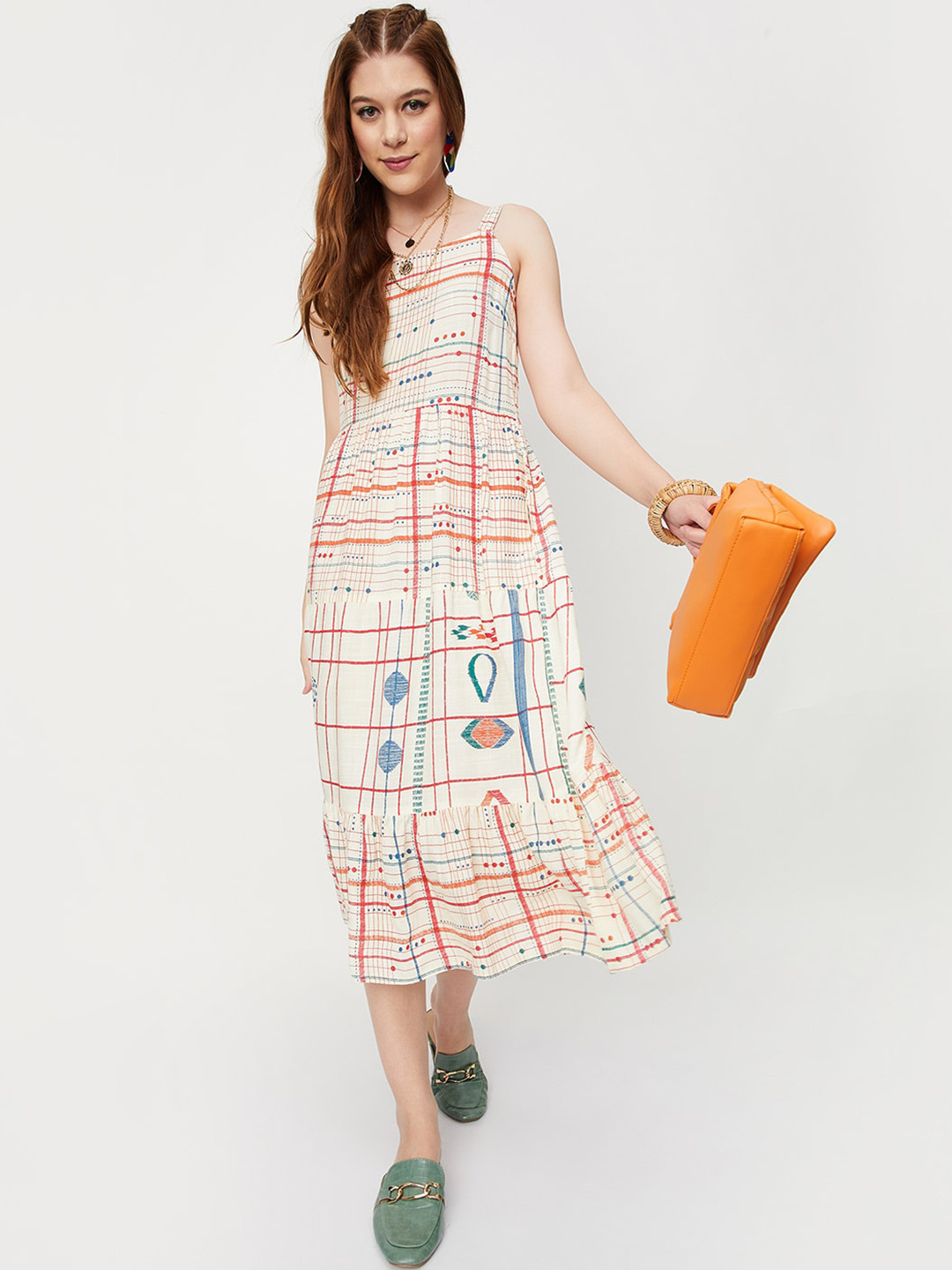 

max Geometric Printed Shoulder Strap Flounce Hem Fit & Flare Midi Dress, Beige