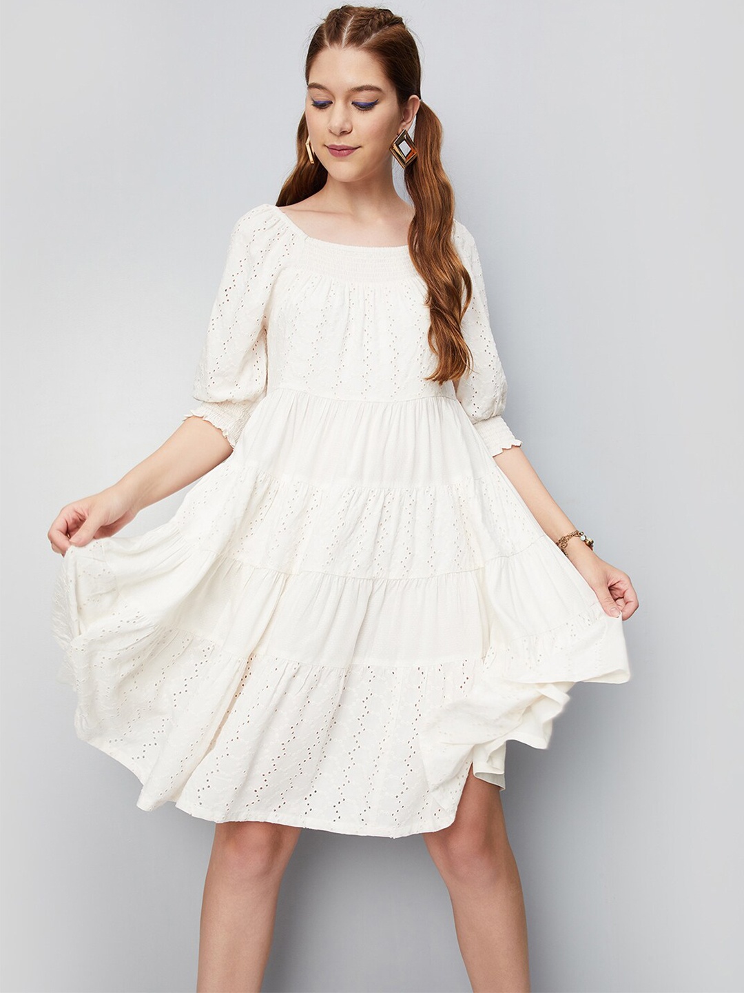 

max Pure Cotton Schiffli Smocked Puff Sleeve A-Line Dress, Beige