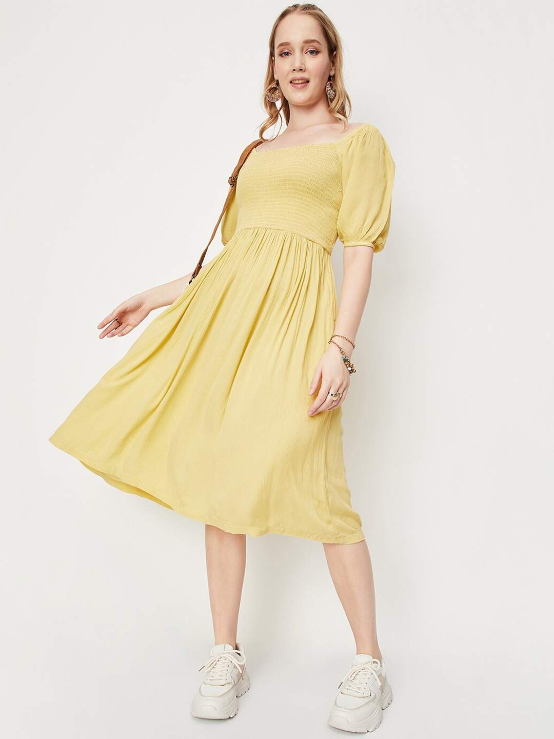 

max Solid Smocked Puff Sleeve Fit & Flare Midi Dress, Yellow