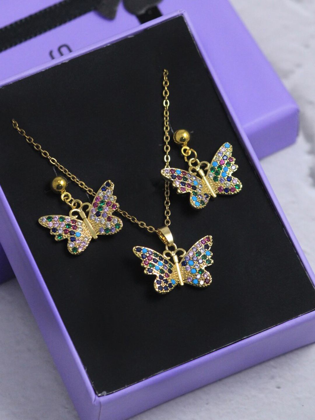 

SALTY Stone-Studded Butterfly Charm Stainless Steel Necklace & Earrings, Gold