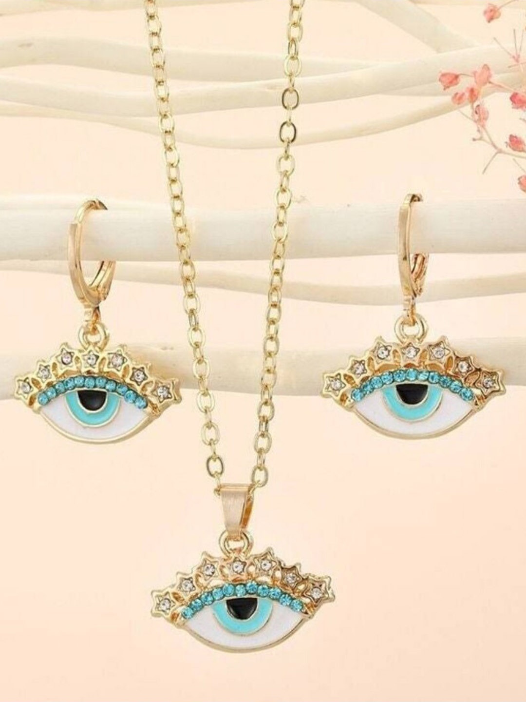 

SALTY Stone-Studded Evil Eye Charm Stainless Steel Earrings & Necklace, Gold