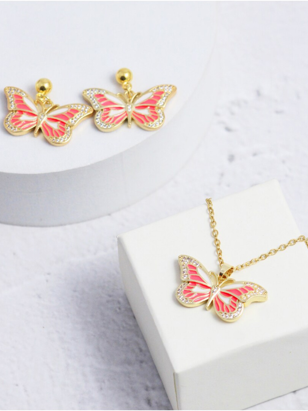 

SALTY Stone-Studded Anti-Tarnish Butterfly Earrings & Necklace, Gold