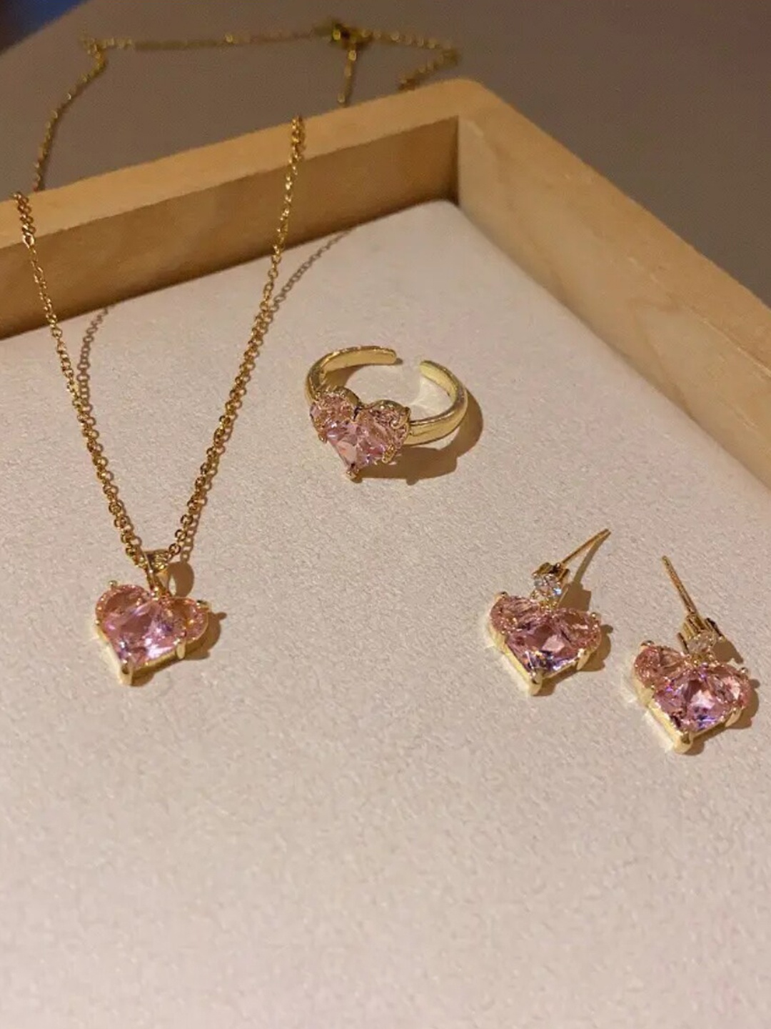 

SALTY Stone-Studded Anti-Tarnish Earrings & Necklace With Finger Ring, Gold