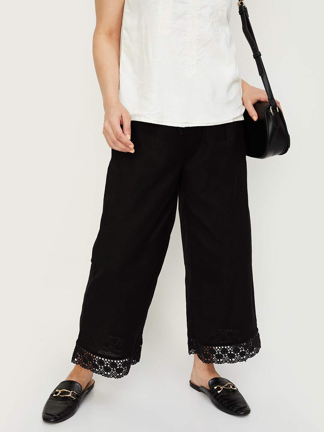 

max Women Hem Design Wide Leg Cotton Palazzos, Black