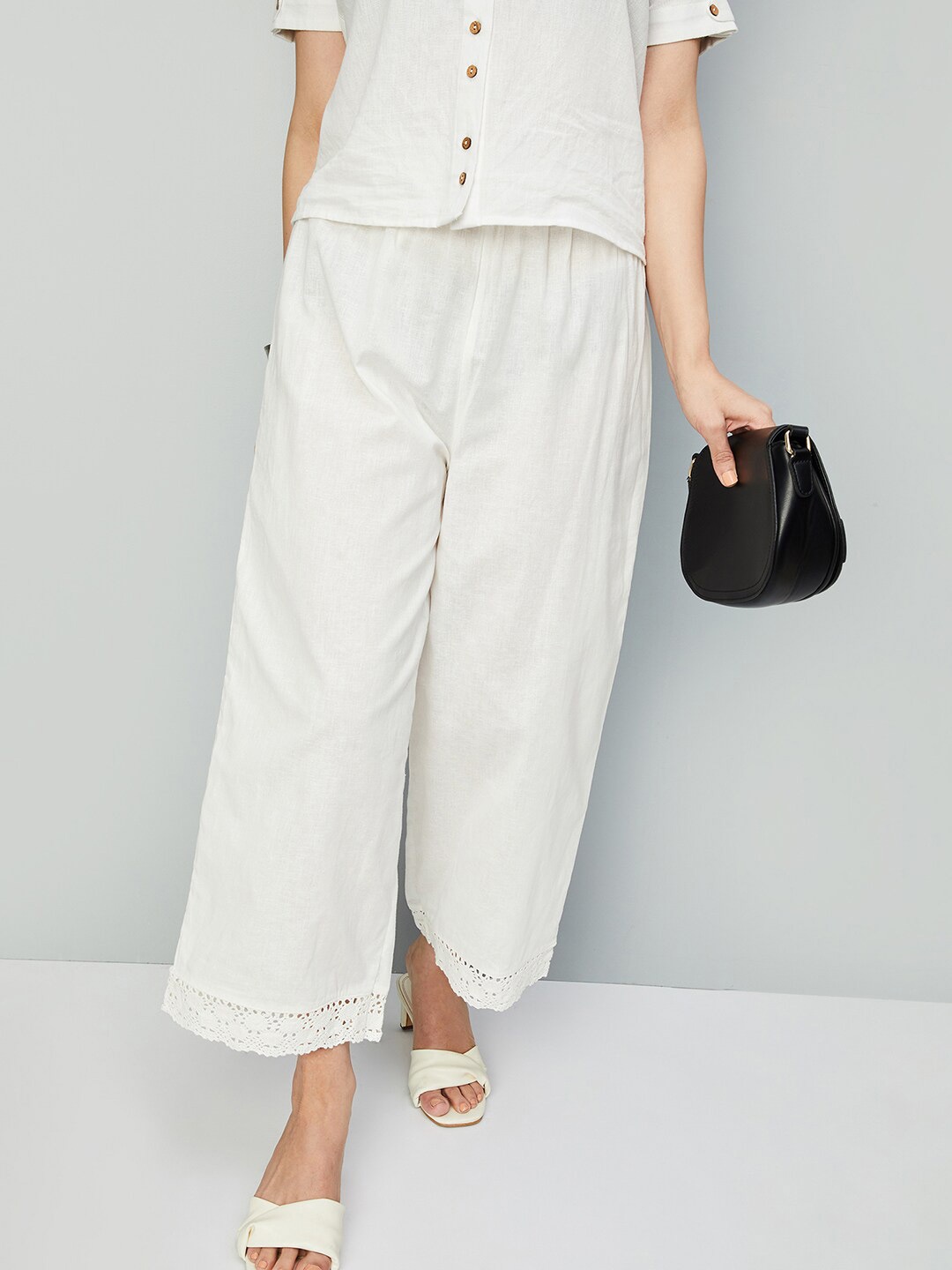 

max Women Hem Design Wide Leg Cotton Palazzos, Off white