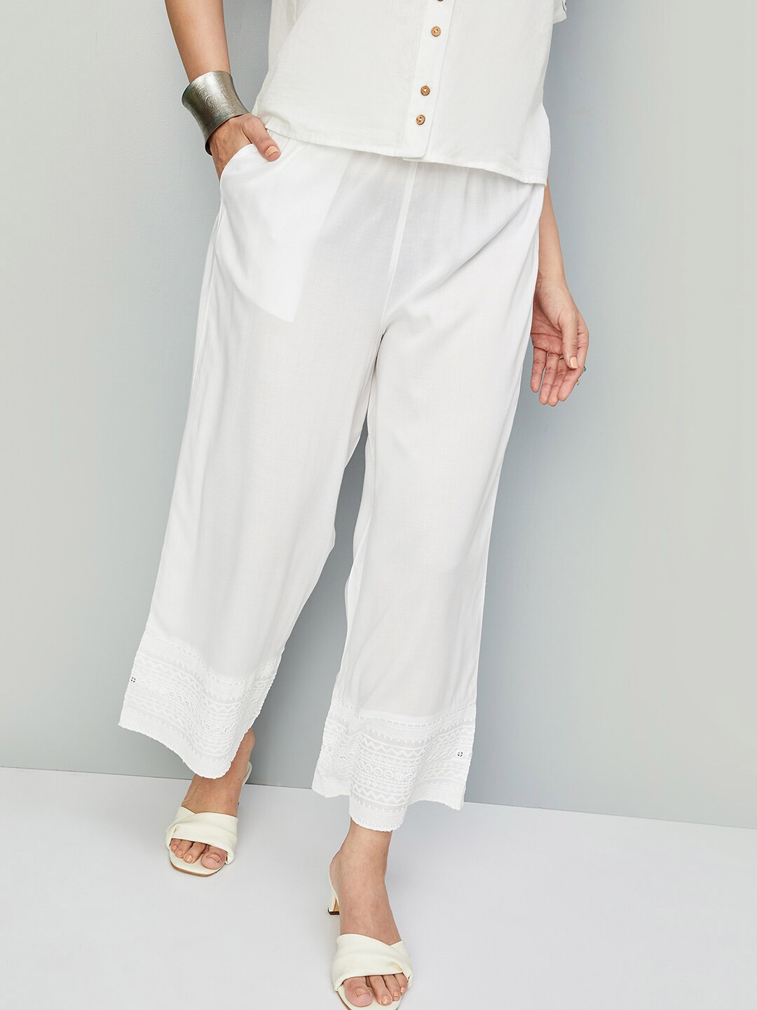 

max Women Hem Design Wide Leg Cotton Palazzos, Off white