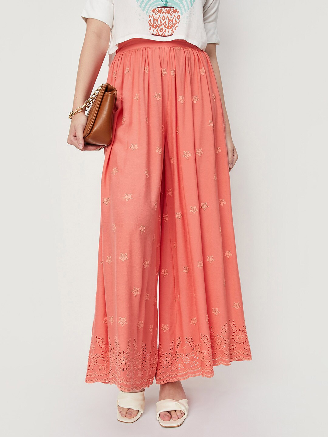 

max Women Ethnic Motifs Embroidered Flared Palazzos, Peach