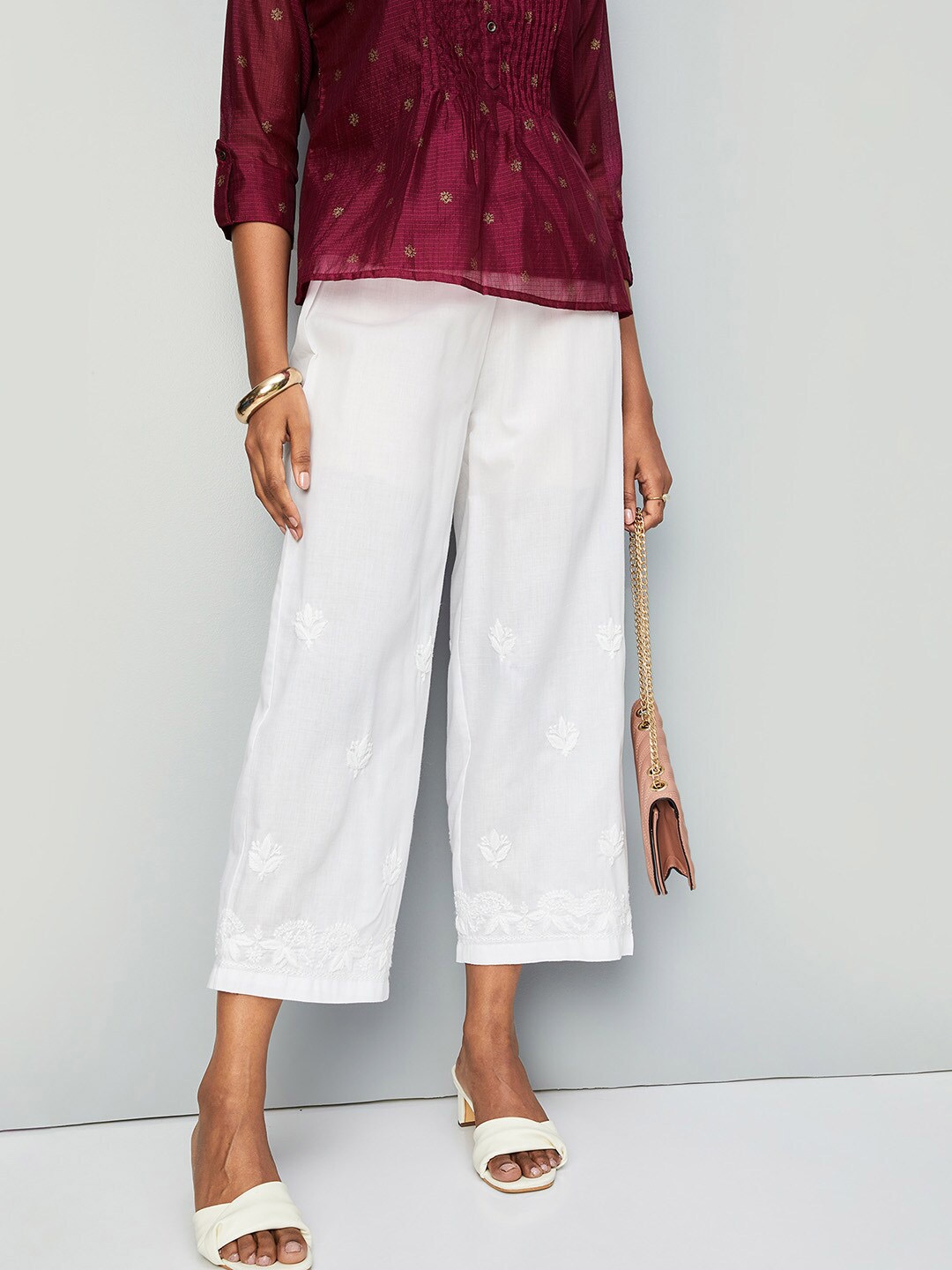 

max Women Ethnic Motifs Embroidered Palazzos, Off white