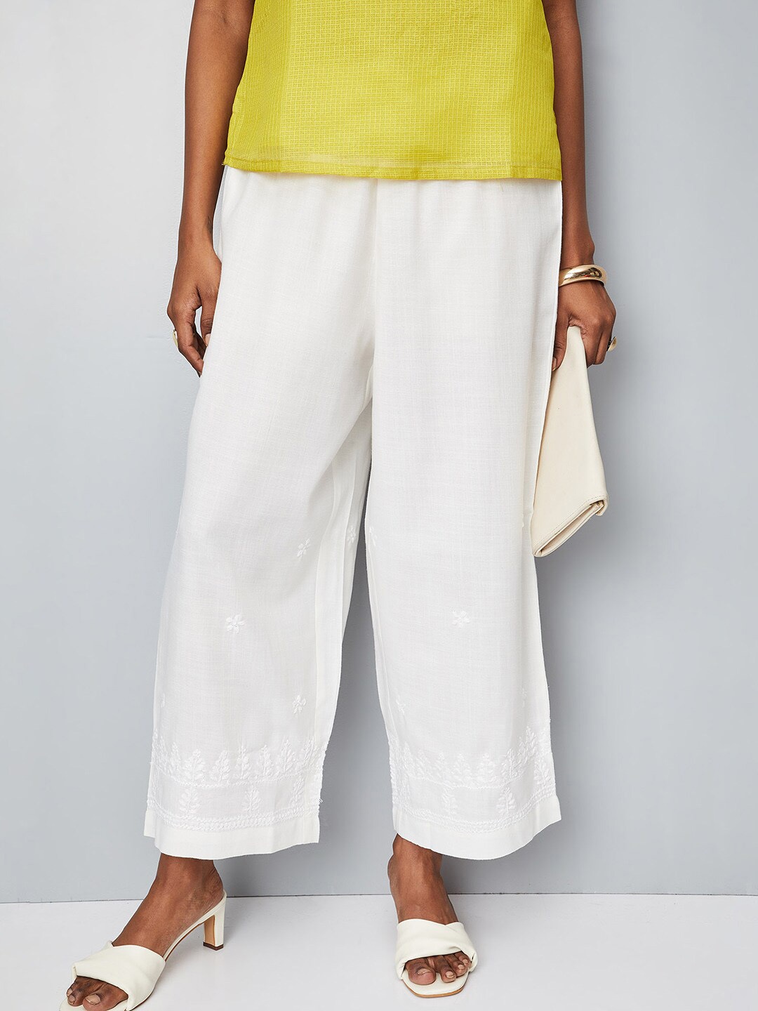 

max Women Ethnic Motifs Embroidered Wide Leg Palazzos, Off white