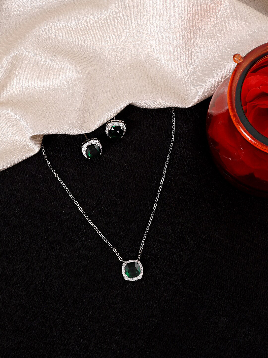 

ABDESIGNS Silver-Plated American Diamond Studded Minimal Necklace With Pair Of Earrings