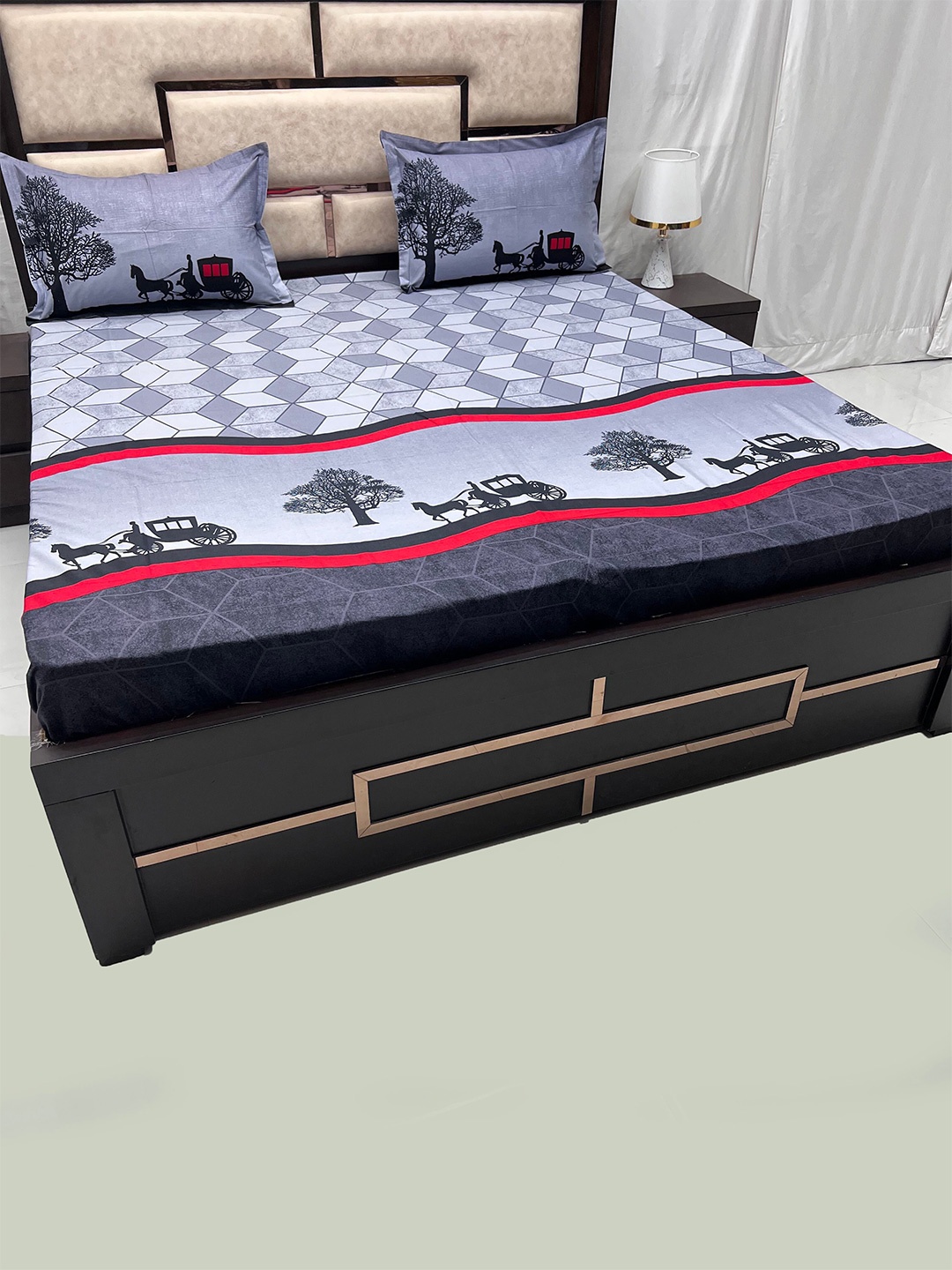 

Pure Decor Royal Lifestyle White Geometric Cotton 350TC King Bedsheet With 2 Pillow Covers