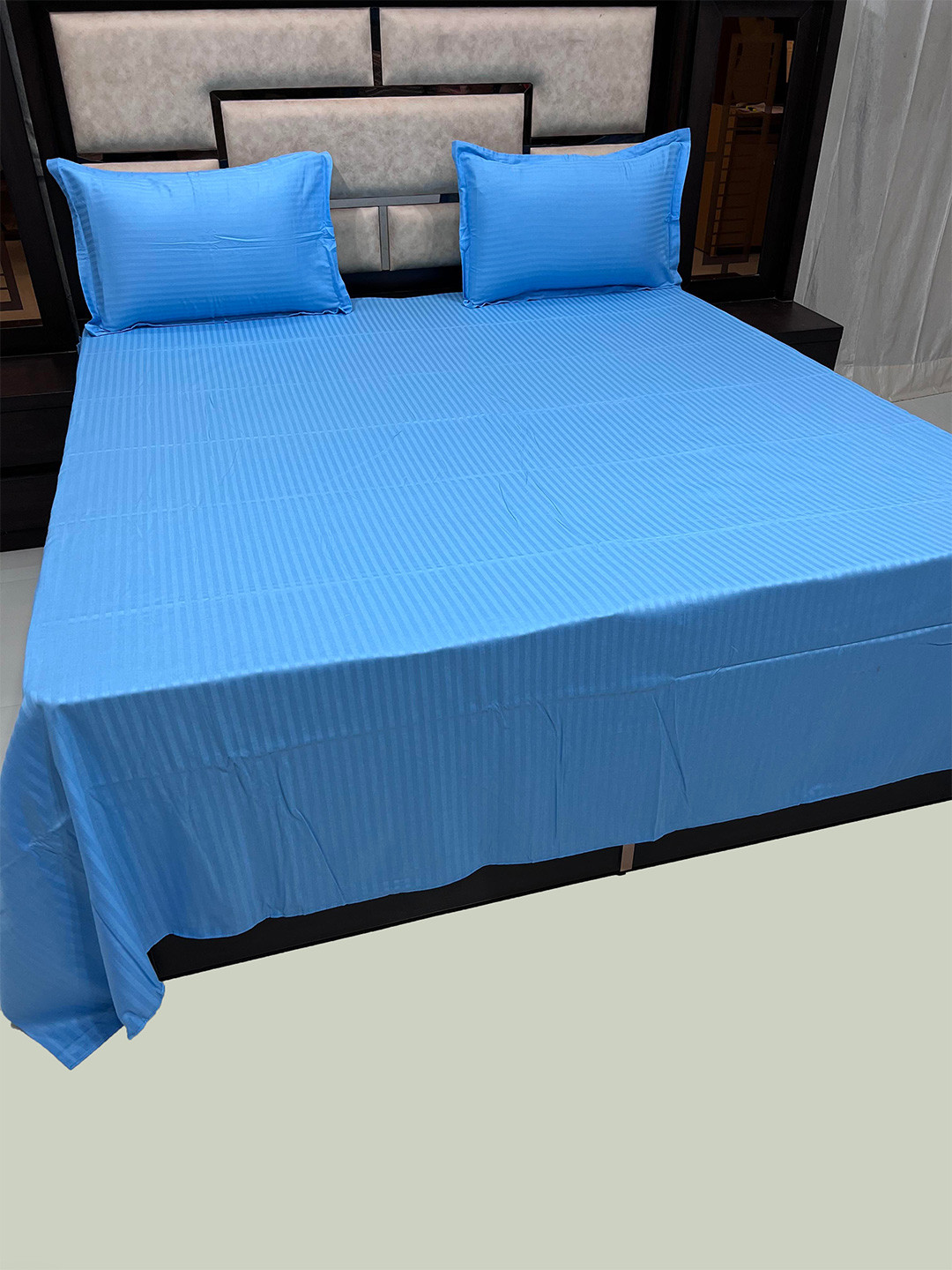 

Pure Decor Blue Striped 350 TC Pure Cotton King Bedsheet with 2 Pillow Covers