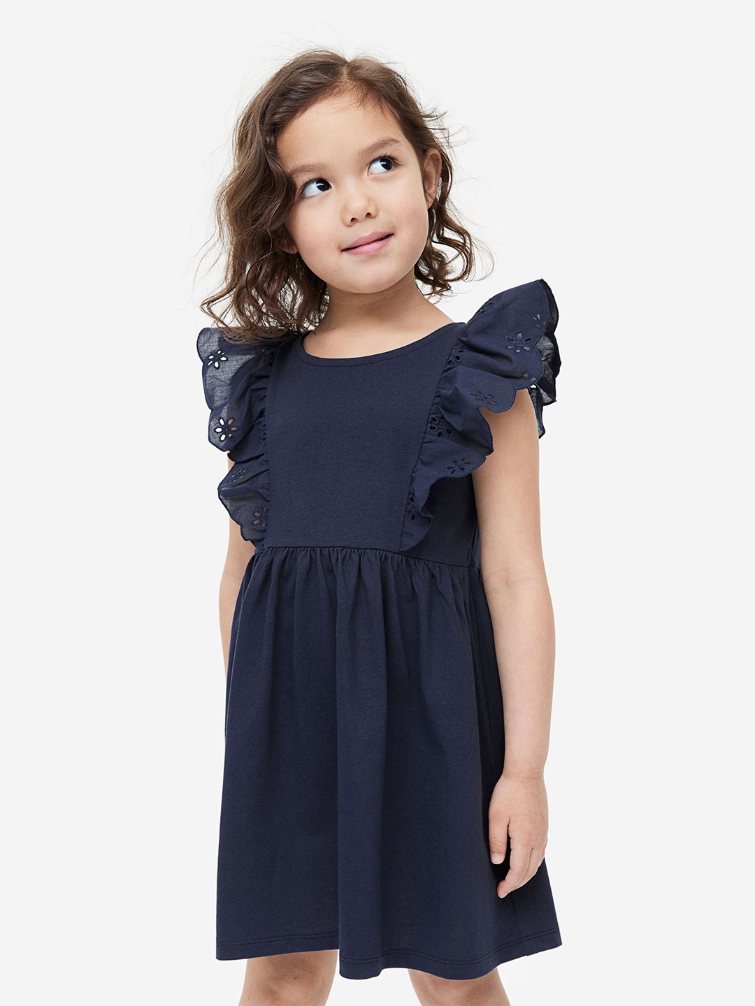 

H&M Girls Pure Cotton Flounce-Trimmed Jersey Dress, Blue