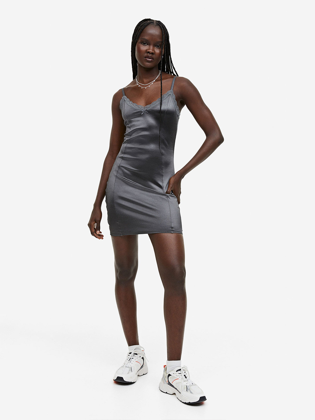 

H&M Lace-Trimmed Bodycon Dress, Grey