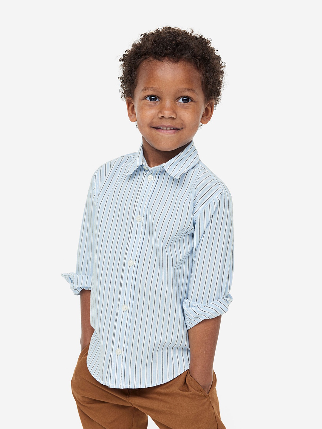 

H&M Boys Pure Cotton Long-Sleeved Poplin Shirt, Blue