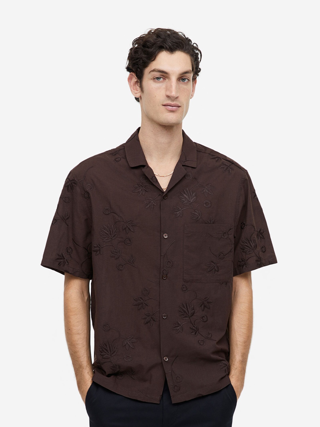 

H&M Pure Cotton Relaxed Fit Embroidered Resort Shirt, Brown