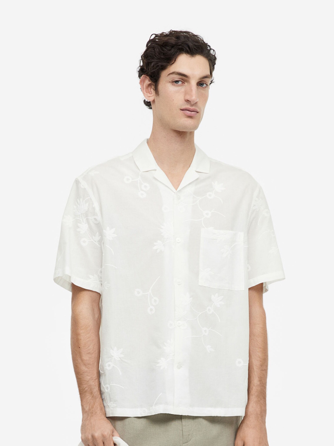 

H&M Pure Cotton Relaxed Fit Embroidered Resort Shirt, White