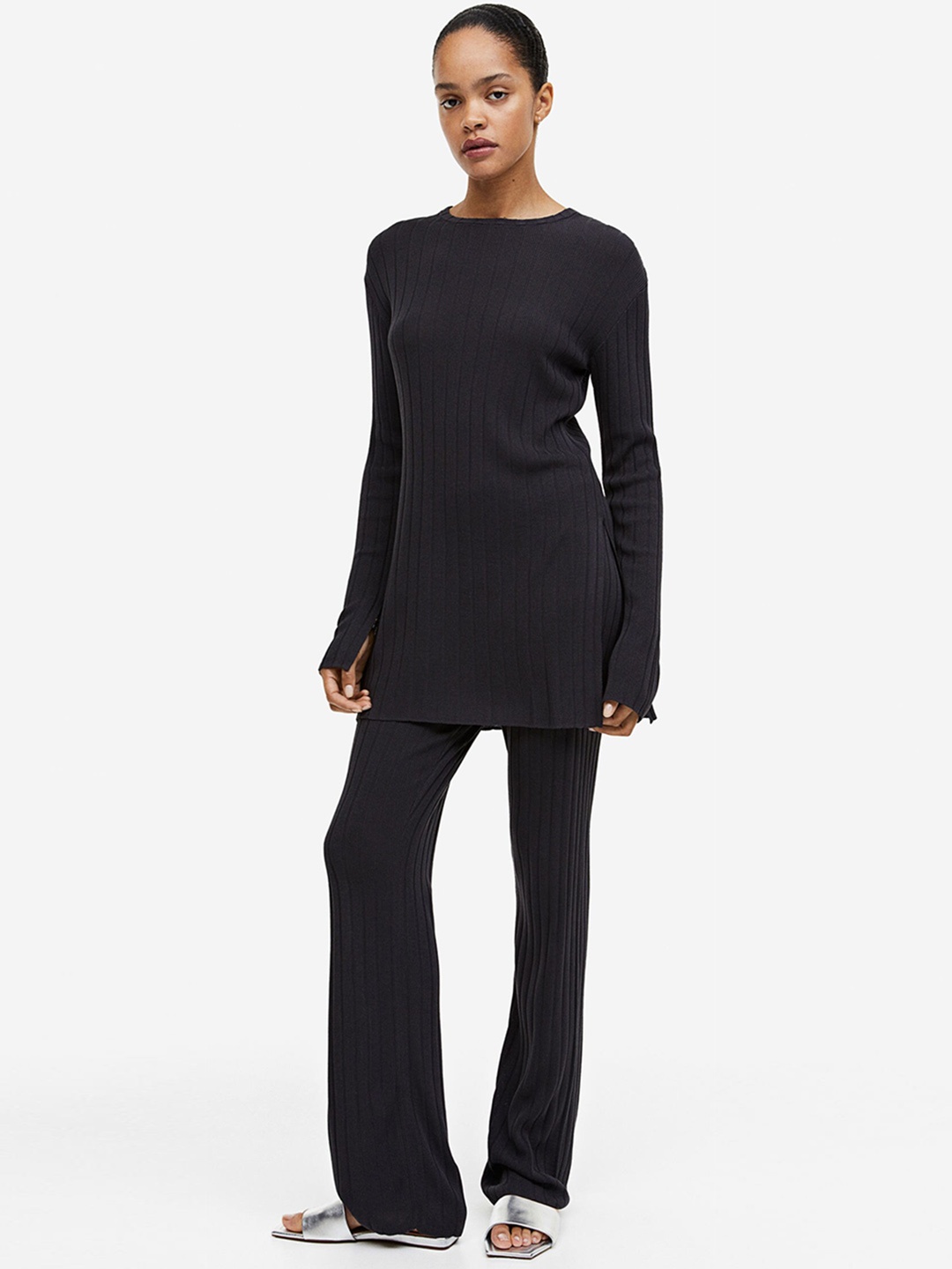 

H&M Women Rib-Knit Trousers, Grey