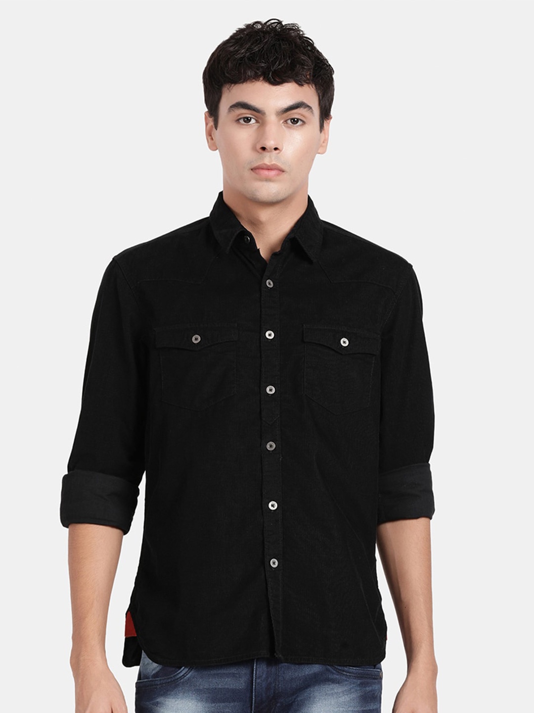 

t-base Spread Collar Cotton Casual Shirt, Black