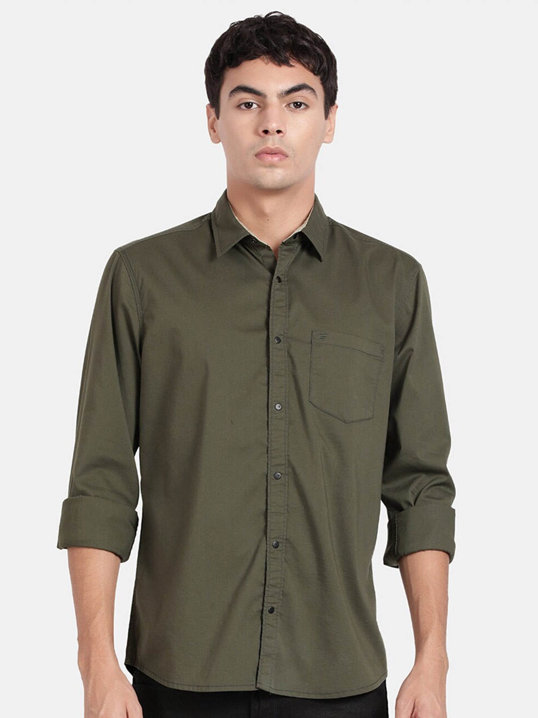 

t-base Spread Collar Cotton Casual Shirt, Green