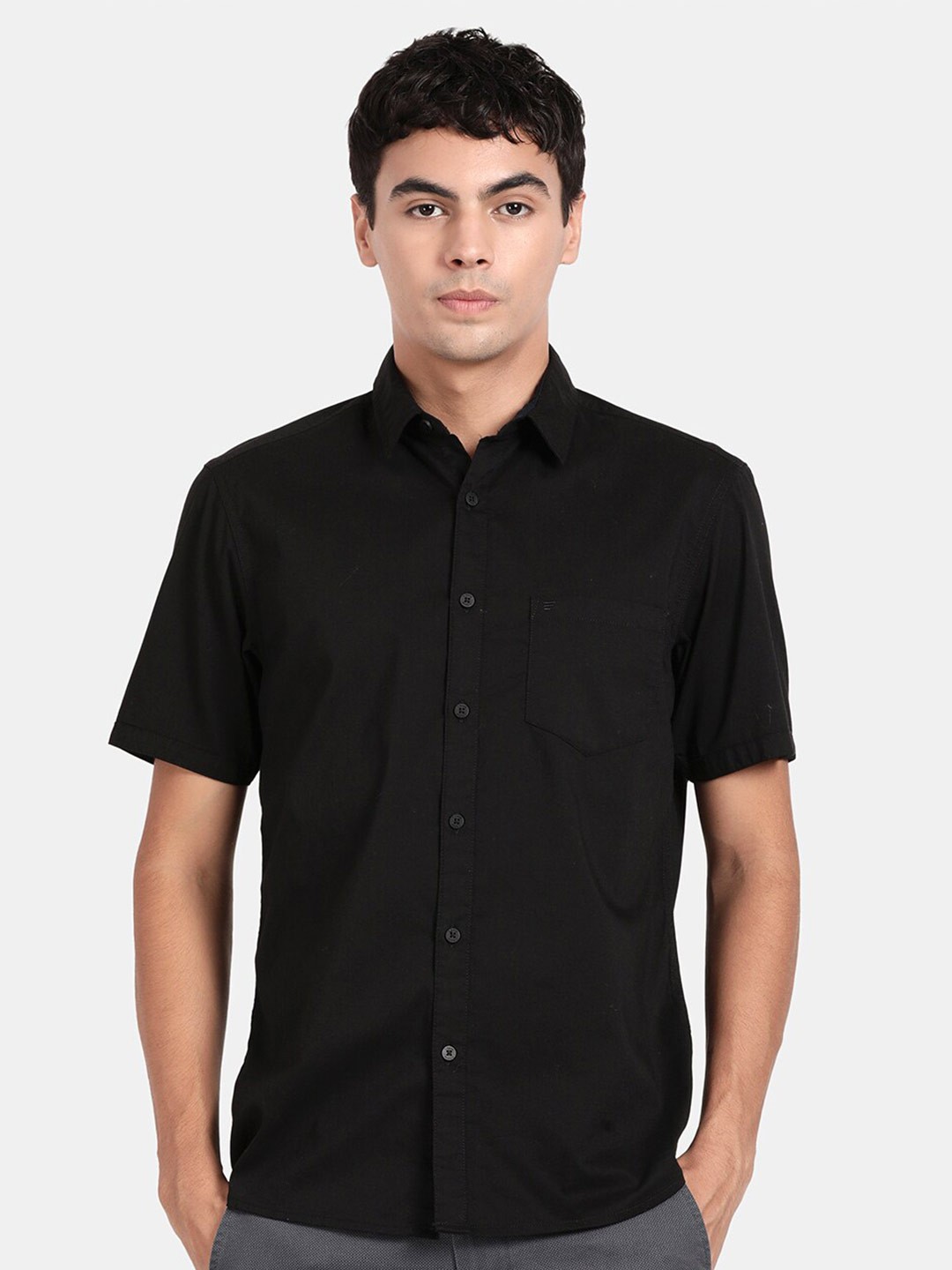 

t-base Spread Collar Casual Cotton Lycra Shirt, Black