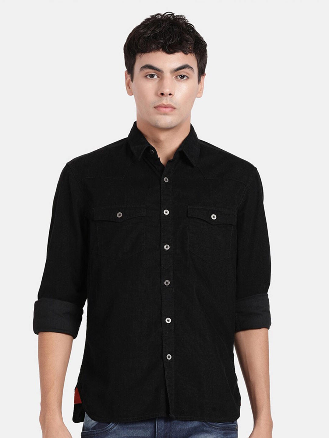 

t-base Spread Collar Cotton Casual Shirt, Black