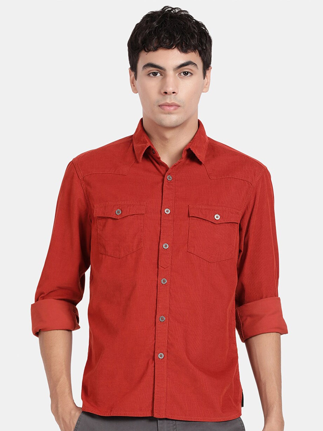 

t-base Spread Collar Opaque Casual Cotton Shirt, Rust