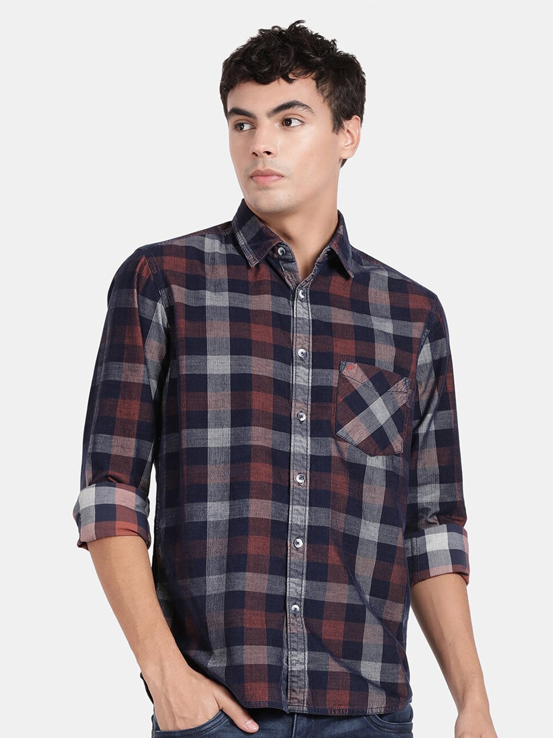 

t-base Checked Cotton Casual Shirt, Navy blue