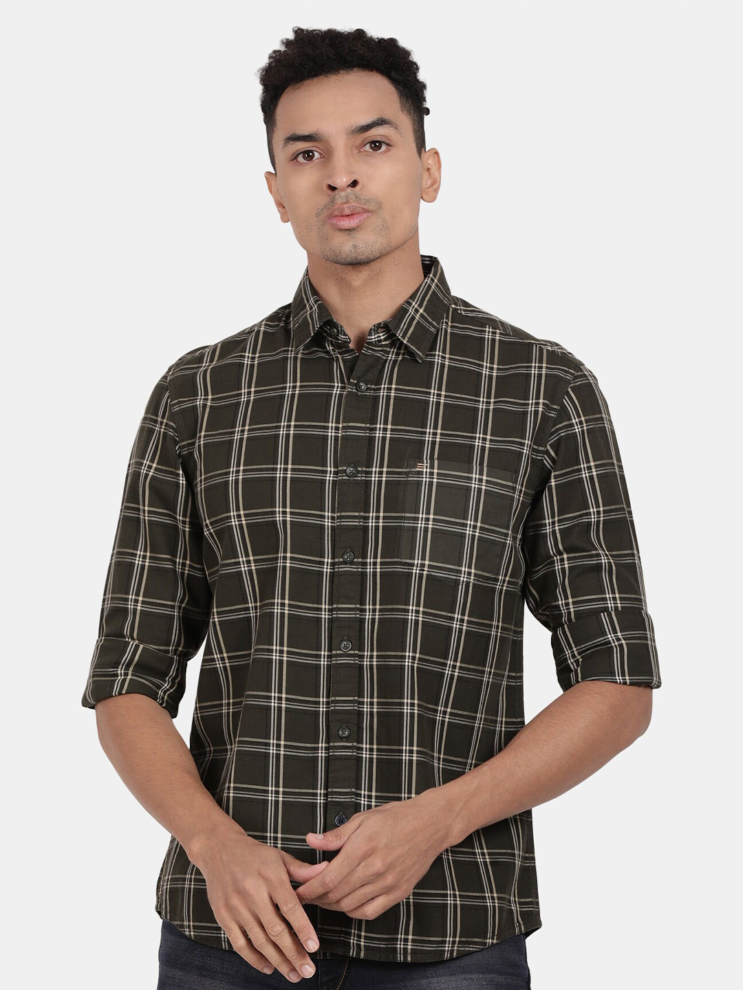 

t-base Checked Cotton Casual Shirt, Green