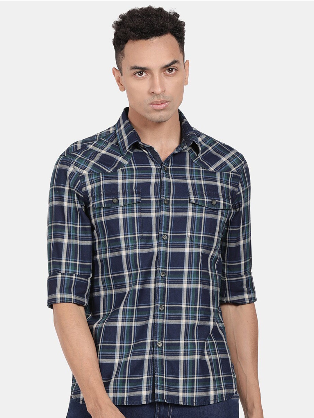 

t-base Tartan Checked Casual Cotton Shirt, Navy blue