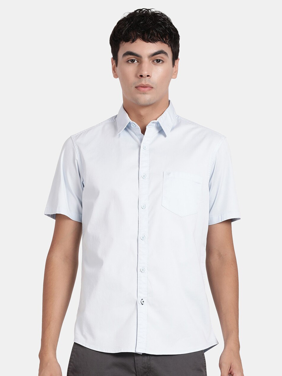 

t-base Spread Collar Short Sleeves Cotton Casual Shirt, Blue