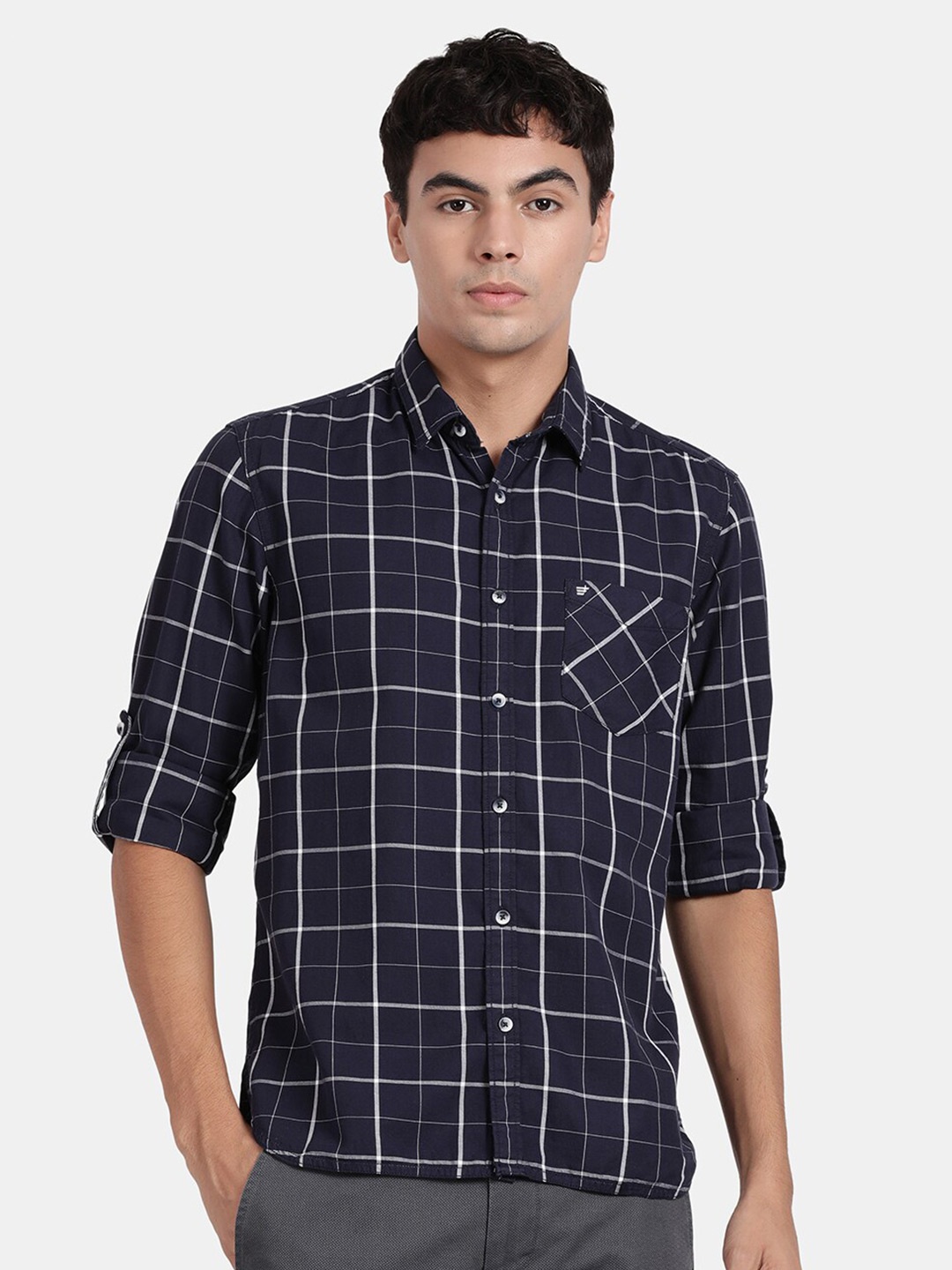 

t-base Windowpane Checked Cotton Casual Shirt, Navy blue