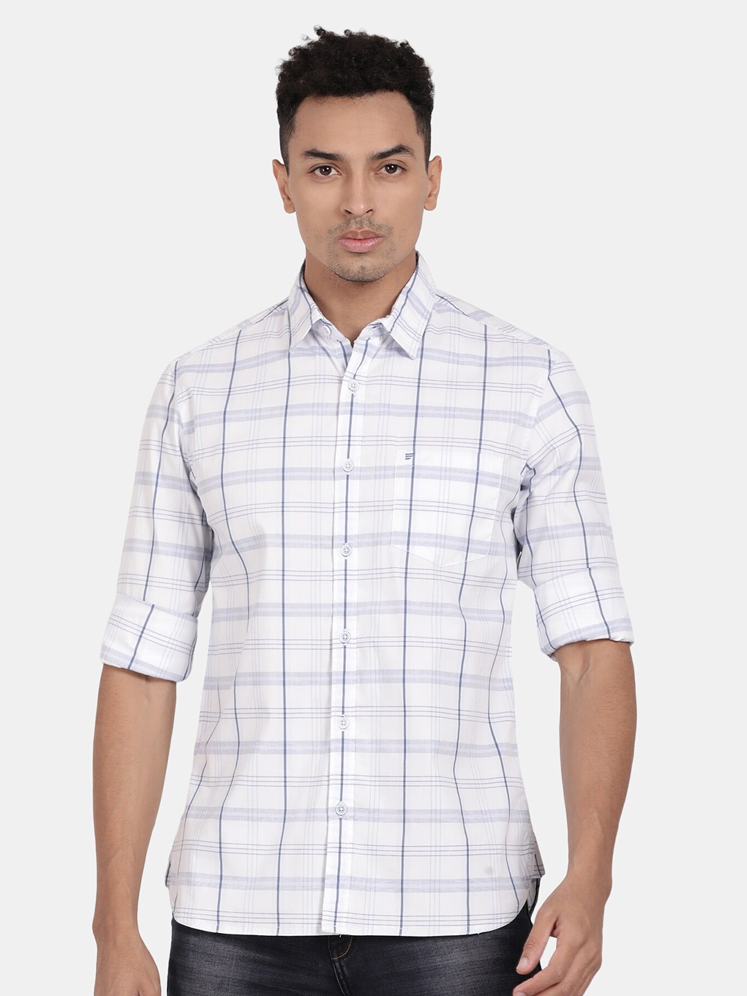 

t-base Opaque Checked Cotton Casual Shirt, White