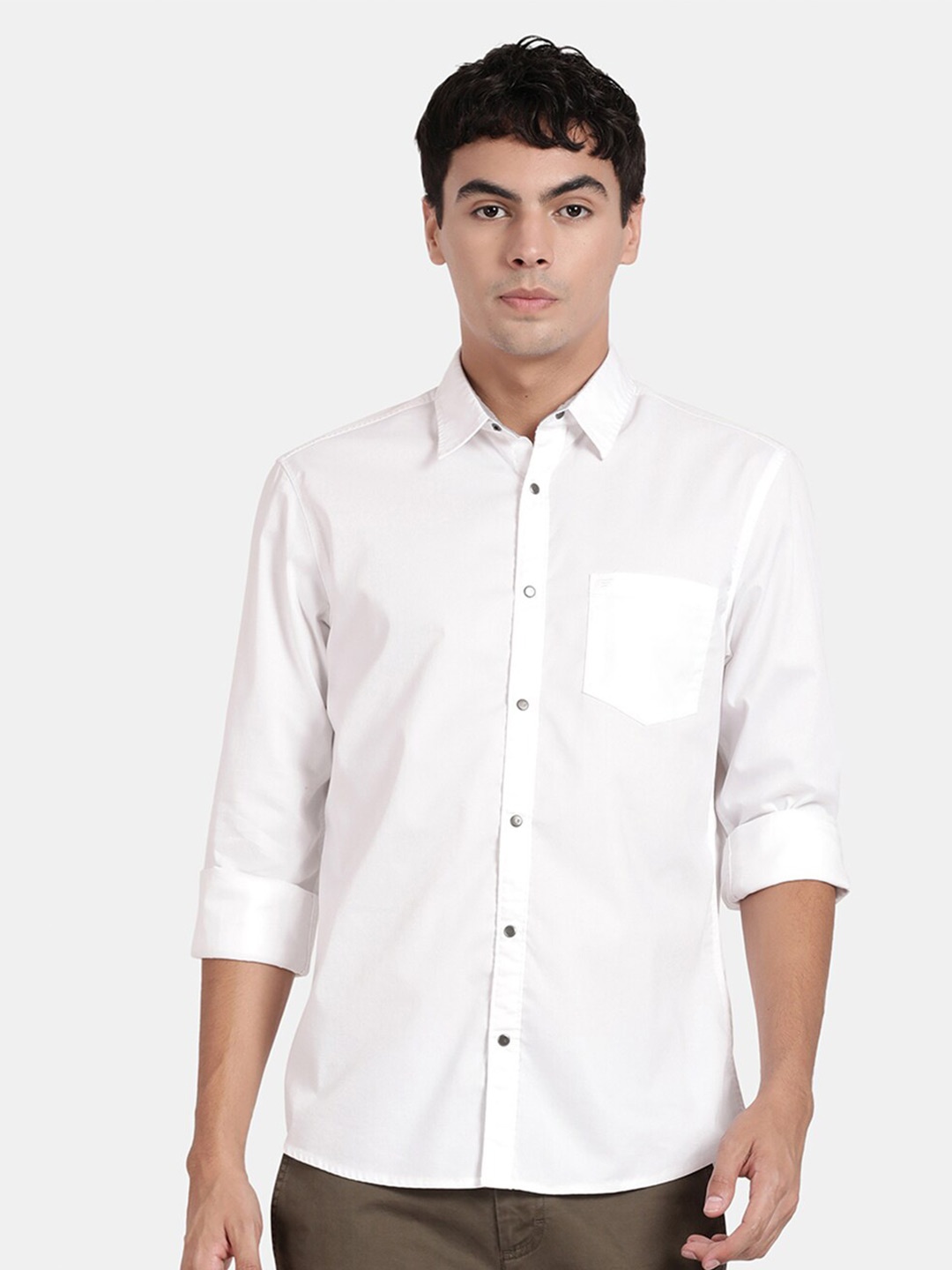 

t-base Spread Collar Opaque Cotton Casual Shirt, White