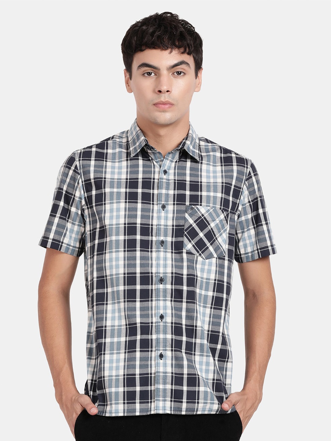 

t-base Tartan Checks Cotton Casual Shirt, Navy blue