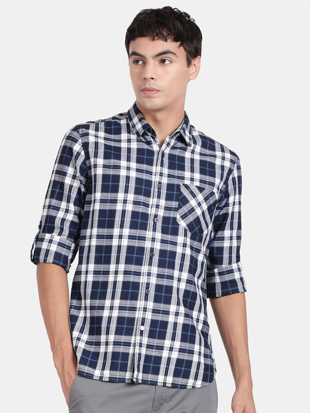 

t-base Tartan Checked Casual Cotton Shirt, Navy blue